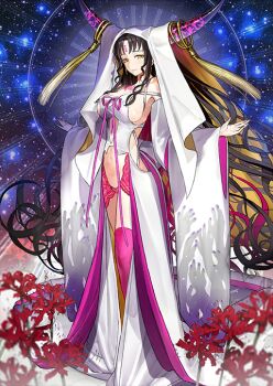 1girl back_bow bare_shoulders black_hair boots bow breasts closed_mouth clothing_cutout detached_sleeves earrings facial_mark fate/grand_order fate_(series) floating_hair flower forehead_mark full_body hand_up hands_up horn_ornament horns jewelry lace large_breasts lingerie long_hair long_sleeves looking_at_viewer multicolored_hair navel off_shoulder official_art outstretched_arms panties parted_bangs pink_boots pink_hair pink_panties pink_ribbon red_flower revealing_clothes ribbon sessyoin_kiara sessyoin_kiara_(heaven&#039;s_hole) sessyoin_kiara_(third_ascension) showgirl_skirt side_cutout sideboob sidelocks smile solo spaghetti_strap spider_lily standing stomach_cutout tassel thigh_boots third-party_source train_(clothing) two-sided_fabric two-tone_hair underwear variant_set very_long_hair wada_arco white_sleeves wide_sleeves wimple yellow_eyes