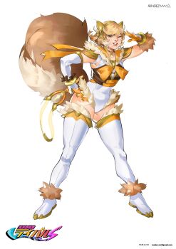 Rule 34 | 1girl, alternate costume, animal ears, armor, artist name, bell, bishoujo senshi sailor moon, bishoujo senshi sailor moon s, blonde hair, boots, bow, brown fur, commentary request, elbow gloves, fake animal ears, full body, fur-trimmed boots, fur-trimmed leotard, fur trim, gloves, grin, groin tendon, hand on own hip, holding slingshot, leotard, looking at viewer, magical girl, marvel, marvel rivals, one eye closed, orange bow, orange eyes, orange trim, parody, pauldrons, sailor collar, salute, short hair, shoulder armor, smile, solo, squirrel ears, squirrel girl (marvel), squirrel tail, tail, thigh boots, title parody, vvv rendez, white background, white boots, white gloves, white leotard