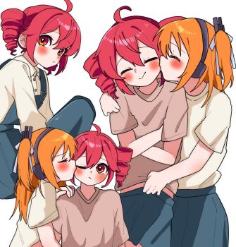 2girls a.i._voice adachi_rei ahoge alternate_costume bad_id bad_twitter_id blush closed_eyes collared_shirt drill_hair grey_overalls haru_maron highres image_sample kasane_teto kiss kissing_cheek long_hair long_sleeves looking_at_viewer multiple_girls one_eye_closed one_side_up orange_hair overalls red_eyes red_hair shirt short_sleeves t-shirt twin_drills twitter_sample utau white_background white_shirt yuri