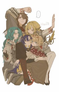 ... 1boy 4girls :d :o absurdres arm_up black_pants black_shoes blonde_hair blue_eyes blue_hair boots braid braided_bangs brown_boots brown_dress brown_eyes brown_hair cheek-to-cheek coat colored_inner_hair dress full_body gloves green_eyes grey_boots grey_coat grey_dress grey_jacket hair_intakes heads_together highres hissabeth hug jacket kiperina leg_ribbon long_hair looking_at_another low_ponytail mark_under_eye mechanical_ears multicolored_hair multiple_girls name_day_(reverse:1999) oji-sama_(ochi4t) open_mouth pants pantyhose pointer_(reverse:1999) ponytail red_shorts reverse:1999 ribbon shoes shorts smile speech_bubble spoken_ellipsis sweat voyager_(reverse:1999) white_background white_pantyhose yellow_eyes yellow_gloves