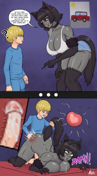 1boy 1girl age_difference ahegao animal_ears black_choker black_hair blonde_hair blue_eyes bulge character_request choker claws clothed_male_nude_female colored_skin crying cum cum_in_pussy dog_ears dog_girl dog_tail english_text grey_skin hetero impregnation instant_loss lachzeit large_penis nude onee-shota ovum_with_heart penis pointing pointing_at_another pointing_at_crotch red_eyes saliva saliva_trail short_shorts shorts shota shotadom spanking sperm_cell tagme tail tail_grab vaginal