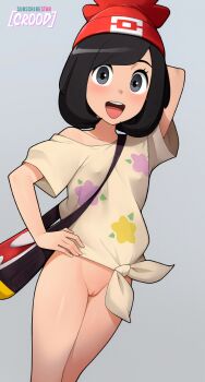 1girl :d arm_behind_head artist_name bag beanie black_hair blush bottomless cleft_of_venus commentary covered_erect_nipples english_commentary gradient_background grey_background grey_eyes hand_on_own_hip hat highres loodncrood looking_at_viewer model_pose nintendo off-shoulder_shirt off_shoulder open_mouth pokemon pokemon_sm pussy red_hat selene_(pokemon) shirt short_hair short_sleeves shoulder_bag smile solo standing subscribestar_logo subscribestar_username thighs tied_shirt uncensored