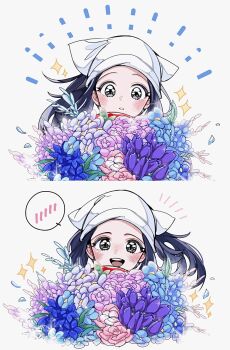 Rule 34 | 1girl, akari (pokemon), black hair, blush, cocoa s3, commentary request, flower, grey eyes, headscarf, highres, long hair, looking at viewer, nintendo, open mouth, parted lips, pokemon, pokemon legends: arceus, smile, sparkle, speech bubble, teeth, upper teeth only, white headscarf