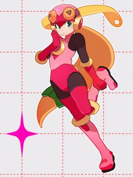 1girl 3suisousui black_bodysuit blonde_hair bodysuit boots bow full_body gloves green_bow green_eyes hair_bow helmet highres leg_up long_hair looking_at_viewer low-tied_long_hair mega_man_(series) mega_man_battle_network_(series) pink_boots pink_gloves pink_helmet roll.exe_(mega_man) simple_background solo very_long_hair