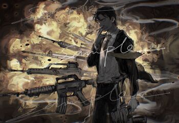 1boy assault_rifle bags_under_eyes belt black_hair black_jacket brown_necktie cigarette collared_shirt commentary cowboy_shot english_commentary gun hand_up highres holding holding_cigarette holding_gun holding_weapon jacket male_focus narrowed_eyes necktie original revol4357 rifle shirt shirt_tucked_in short_hair smoke smoke_trail solo standing too_many_watermarks too_many_weapons watermark weapon white_shirt