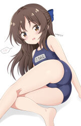 Rule 34 | 1girl, ass, barefoot, blue bow, blue one-piece swimsuit, blush, bow, breasts, brown eyes, brown hair, commentary request, hair bow, highres, idolmaster, idolmaster cinderella girls, legs, long hair, looking at viewer, lying, name tag, one-piece swimsuit, parted lips, school swimsuit, sidelocks, signature, small breasts, solo, spoken blush, sweat, swimsuit, tachibana arisu, tamayan, thighs, white background