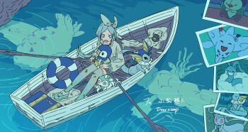 1girl absurdres altaria blue_eyes blue_hair boat bow duosion gen_1_pokemon gen_3_pokemon gen_4_pokemon gen_5_pokemon gen_6_pokemon hair_bow highres holding holding_oar lifebuoy long_hair nintendo oar original oversleep photo_(object) piplup pokemon pokemon_(creature) sitting swim_ring sylveon togekiss vaporeon water watercraft