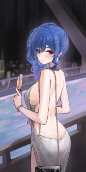 1girl absurdres alcohol ass azur_lane back backless_dress backless_outfit bag bare_shoulders blue_hair blurry blurry_background bracelet breasts butt_crack champagne_flute closed_mouth commentary cup dress drinking_glass earrings english_commentary evening_gown from_behind glitter_dress hair_ornament hairclip halter_dress halterneck handbag highres jewelry long_hair looking_at_viewer loushao night pink_eyes plunging_neckline railing revealing_clothes sideboob sidelocks silver_dress smile solo st._louis_(azur_lane) st._louis_(luxurious_wheels)_(azur_lane)