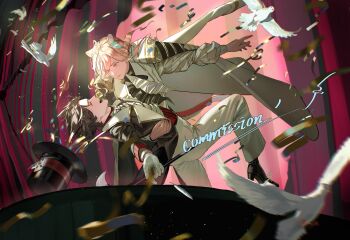 Rule 34 | 2boys, aiguillette, animal ear fluff, animal ears, ascot, beak, belt, bird, bird wings, black ascot, black belt, black hair, black hat, black jacket, black shoes, blonde hair, blue eyes, bow, bowtie, card, closed eyes, closed mouth, commission, confetti, corset, curtains, dancing, epaulettes, feathered wings, floating clothes, floating hair, gloves, gold trim, hand around waist, hat, high heels, highres, holding, holding stick, indoors, jacket, jaguar boy, jaguar ears, jaguar tail, lapels, lips, long hair, long sleeves, looking at another, looking down, low ponytail, male focus, multiple boys, open clothes, open jacket, open mouth, original, pants, pigeon, playing card, ponytail, puffy long sleeves, puffy sleeves, red corset, shirt, shoes, short hair, sidelocks, smile, stage, stick, tail, teeth, tongue, top hat, two-sided fabric, two-sided jacket, white bow, white bowtie, white gloves, white jacket, white pants, white shirt, wings, yaoi, zhongerweiyuan