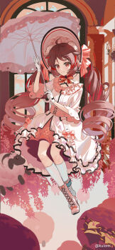 Rule 34 | 1girl, absurdres, ahoge, alternate costume, arched window, arknights, arm up, artist name, black trim, bonnet, boots, bow, brown eyes, brown hair, commentary request, dress, drill hair, eyjafjalla (arknights), floating, footwear bow, frilled dress, frilled skirt, frilled umbrella, frills, full body, gloves, high-low skirt, highres, holding, holding umbrella, horns, infection monitor (arknights), kulomi, lace-up boots, layered skirt, long hair, mismatched shoes, multicolored eyes, multicolored hair, parted lips, pink bow, pink shoes, pink skirt, pink umbrella, red bow, red eyes, red hair, red streaks, sheep, sheep horns, shoes, skirt, smile, socks, solo, streaked hair, twintails, two-tone eyes, umbrella, very long hair, white bonnet, white dress, white gloves, white horns, white shoes, white socks, window