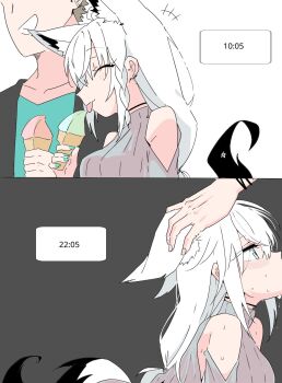 1boy 1girl :p commentary_request food from_side hand_on_another's_head hetero highres hololive ice_cream implied_fellatio kneeling shirakami_fubuki shirakami_fubuki_(fox) sirakamisumire sweat sweater timestamp tongue tongue_out upper_body white_hair