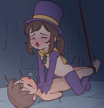 1boy 1girl a_hat_in_time bdsm bondage boots bound brown_hair cape casytay closed_eyes commentary commission cowgirl_position cum cum_in_pussy cum_overflow english_commentary femdom flat_chest girl_on_top hat hat_kid hetero highres kodomo_doushi loli lolidom one_eye_closed open_mouth penis pixiv_commission ponytail purple_boots purple_hat pussy rape restrained sex short_hair shota shrug_(clothing) straddling thigh_boots top_hat uncensored vaginal yellow_cape