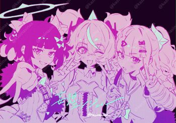 3girls angels_of_delusion aqua_hair aqua_streaks aria_(zenless_zone_zero) arm_warmers black_background black_bow black_hair black_skirt black_sleeves blush bow center_opening checkered_necktie collarbone colored_inner_hair commentary crossed_bangs detached_collar double_v dress fingerless_gloves fur-trimmed_skirt fur-trimmed_sleeves fur_trim gloves green_bow green_halo hair_between_eyes hair_bow hair_ornament halo heart heart_hair_ornament highres jewelry kashinashina looking_at_viewer multicolored_hair multiple_girls multiple_hair_bows multiple_hair_clips nangong_yu necktie one_eye_closed parted_lips ponytail ring shirt skirt streaked_hair striped_arm_warmers sunna_(zenless_zone_zero) symbol-only_commentary twitter_username v white_dress white_shirt zenless_zone_zero