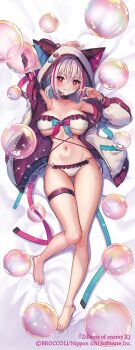 1boy animal_ear_headwear aqua_hair armpits bed_sheet bikini breasts bubble choker closed_mouth copyright_notice dakimakura_(medium) fake_animal_ears frilled_bikini frills full_body grey_hair highres hood hood_up hooded_jacket jacket large_breasts lying madopen multicolored_hair official_art on_back open_clothes open_jacket pink_hair purple_choker red_eyes smile solo sparkle sweatdrop swimsuit thigh_strap white_bikini white_jacket yato_urara z/x