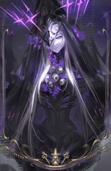 1girl absurdres closed_mouth commentary crown floating_crown flower hashtag-only_commentary herta_(honkai:_star_rail) highres honkai:_star_rail honkai_(series) irontomb long_hair looking_at_viewer mask one_eye_covered purple_eyes purple_flower skull solo steve_zheng the_herta_(honkai:_star_rail) upper_body very_long_hair white_hair