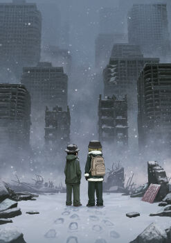 2girls absurdres backpack bag black_hair blonde_hair brodie_helmet building chito_(shoujo_shuumatsu_ryokou) coat combat_helmet commentary fog footprints from_behind fur_trim green_coat green_pants hashtag-only_commentary helmet highres military_uniform multiple_girls pants post-apocalypse ruins shoujo_shuumatsu_ryokou skyscraper snow stahlhelm urban xiaomai_yorik yuuri_(shoujo_shuumatsu_ryokou)