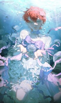 Rule 34 | 1girl, absurdres, air bubble, bloomers, blue eyes, bow, bubble, collar, collarbone, crop top, detached collar, flower, frilled collar, frilled thighhighs, frills, hair flower, hair ornament, highres, idolmaster, idolmaster million live!, jellyfish, jewelry, julia (idolmaster), layered skirt, long sleeves, looking at viewer, midriff peek, necklace, open mouth, pink flower, purple bow, purple collar, red hair, see-through clothes, see-through sleeves, shirt, shirt bow, short hair, silver tiara, skirt, smile, solo, teeth, thighhighs, tiara, underwater, underwear, upper teeth only, white bloomers, white shirt, white skirt, white thighhighs, wide sleeves, yatatashira