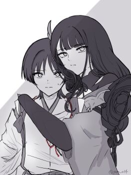 1boy 1girl arm_at_side armor blunt_bangs blunt_ends bow braid bridal_gauntlets closed_mouth clothing_cutout eyeshadow genshin_impact greyscale heads_together highres hug_from_side japanese_armor japanese_clothes kariginu kimono kote layered_sleeves long_hair looking_at_viewer low-braided_long_hair low-tied_long_hair makeup mole mole_under_eye monochrome mother_and_son pon_oi4 possessive raiden_shogun scaramouche_(genshin_impact) scaramouche_(kabukimono)_(genshin_impact) short_sleeves shoulder_cutout shrug_(clothing) sidelocks single_sode sketch split_mouth spot_color string swept_bangs tasuki tsurime twitter_username wispy_bangs