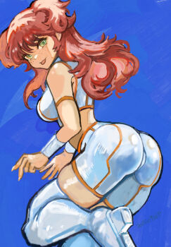 1girl ass blush breasts commentary dated freckles green_eyes gundam gundam_00 highres large_breasts long_hair midriff nena_trinity okrdisk2000 red_hair shorts simple_background smile solo thighhighs two_side_up white_background white_shorts