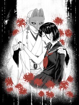 Rule 34 | 1boy, 1girl, 8yashirazu, absurdres, arm around shoulder, black hair, black nails, black sailor collar, black sclera, black serafuku, black shirt, black skirt, breasts, bridal gauntlets, closed eyes, colored sclera, commentary request, earrings, flower, fox mask, fox mask (silent hill), hetero, highres, holding hands, japanese clothes, jewelry, long hair, low ponytail, mask, medium breasts, monochrome, nail polish, neckerchief, pleated skirt, ponytail, red flower, red neckerchief, robe, sailor collar, school uniform, serafuku, shimizu hinako, shirt, short hair, silent hill (series), silent hill f, single earring, skirt, slit pupils, spider lily, tassel, tassel earrings, torn clothes, torn sleeves, upper body, white hair, white robe