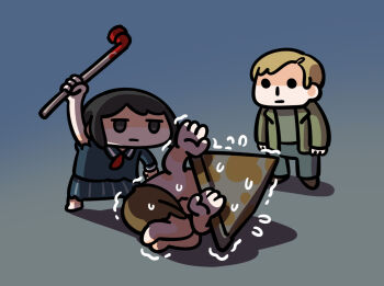 1girl 2boys arm_up asymmetrical_sleeves black_hair blonde_hair blood bloody_weapon blue_pants blue_serafuku blue_shirt blue_skirt chibi chibi_only green_jacket green_shirt hands_up holding holding_lead_pipe in-franchise_crossover jacket james_sunderland keenbiscuit lead_pipe long_sleeves multiple_boys neckerchief nervous_sweating open_clothes open_jacket pants pleated_skirt pyramid_head red_neckerchief school_uniform serafuku shaking shimizu_hinako shirt short_hair silent_hill_(series) silent_hill_2 silent_hill_f simple_background skirt standing sweat t_t torn_sleeve weapon