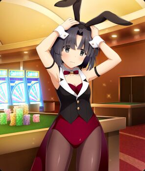 1girl animal_ear_hairband animal_ears armband armpits arms_up black_armband black_hair black_hairband black_vest blush bow bowtie breasts brown_pantyhose casino ceiling_light cleavage closed_mouth coattails cowboy_shot detached_collar door embarrassed fake_animal_ears game_cg grey_eyes hairband hand_on_headwear indoors leotard looking_at_viewer musumi_kiyoka official_art pantyhose parted_bangs poker_chip poker_table rabbit_ear_hairband rabbit_ears red_bow red_bowtie red_leotard short_hair skindentation small_breasts solo table third-party_source toji_no_miko toji_no_miko:_kizamishi_issen_no_tomoshibi vest white_wrist_cuffs wrist_cuffs
