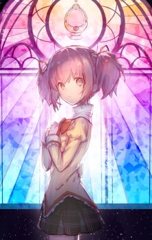 1girl back_bow black_skirt bow bowtie chinese_commentary circon commentary_request cowboy_shot dot_nose frilled_shirt frilled_sleeves frills gem hair_ribbon hands_on_own_chest highres juliet_sleeves kaname_madoka layered_shirt light_particles long_sleeves mahou_shoujo_madoka_magica mahou_shoujo_madoka_magica_(anime) miniskirt mitakihara_school_uniform nervous own_hands_together parted_lips pink_eyes pink_gemstone pink_hair plaid_clothes plaid_skirt pleated_skirt pocket procreate_(medium) puffy_sleeves red_bow red_bowtie red_ribbon ribbon school_uniform shirt short_hair short_twintails skirt sleeve_cuffs solo soul_gem stained_glass standing tareme turtleneck turtleneck_shirt twintails white_shirt yellow_bow yellow_shirt