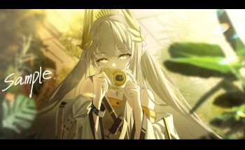 1girl absurdres arknights bare_shoulders blonde_hair blurry blurry_background camera coat depth_of_field dusk_ming elf highres holding holding_camera infection_monitor_(arknights) jacket jewelry lab_coat laurel_crown letterboxed long_hair long_sleeves looking_at_viewer mole mole_under_eye muelsyse_(arknights) off_shoulder open_clothes open_coat plant pointy_ears rhine_lab_logo sample_watermark shirt smile solo upper_body very_long_hair watermark white_coat white_jacket yellow_eyes