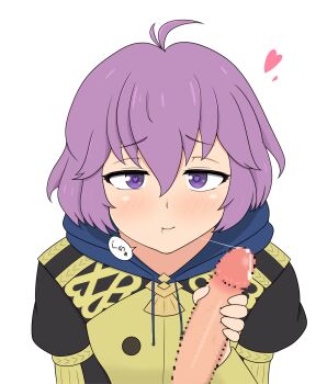 1boy 1girl after_fellatio ahoge bernadetta_von_varley blush censored commentary_request cum cum_in_mouth cum_string fire_emblem fire_emblem:_three_houses garreg_mach_monastery_uniform hair_between_eyes heart heart-shaped_pupils hetero highres hood hood_down long_sleeves looking_at_viewer messy_hair mosaic_censoring nintendo penis pov purple_eyes purple_hair simple_background smile solo_focus symbol-shaped_pupils translation_request white_background yoshio_hentai