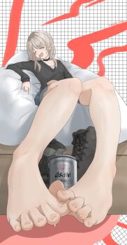 1girl absurdres barefoot beer_can blush boots can closed_eyes drink_can drunk feet girls_band_cry grey_hair highres hololens kawaragi_momoka long_hair open_mouth shoes sweat toes unworn_boots unworn_shoes