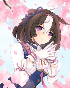 Rule 34 | 1girl, @ @, ahoge, animal ears, between breasts, blue dress, blush, branch, breasts, brown hair, commentary request, dress, ears down, flower, gloves, hair between eyes, hairband, horse ears, large breasts, long sleeves, looking at viewer, meisho doto (turbulent blue) (umamusume), meisho doto (umamusume), multicolored hair, petals, pink flower, pink hairband, puffy long sleeves, puffy sleeves, purple eyes, shirt, solo, steepled fingers, strap between breasts, two-tone hair, umamusume, usako (umauma0602), white gloves, white hair, white shirt