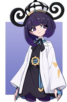 1girl belt belt_buckle black_dress blue_gloves blunt_bangs bob_cut buckle closed_mouth coat dress eyelashes facing_viewer gloves gwynn_(pokemon) hat highres long_sleeves looking_to_the_side mega_stone nintendo o-ring o-ring_belt open_clothes open_coat pantyhose partially_fingerless_gloves pokemon pokemon_legends:_z-a purple_eyes purple_hair purple_pantyhose short_hair simple_background solo waipiiy white_coat white_hat