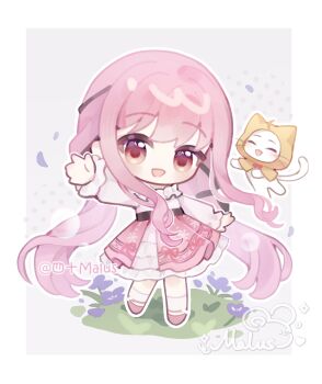 1girl ^_^ absurdly_long_hair animal artist_name belt black_belt black_bow black_ribbon border bow bowtie brown_eyes bubble cat chibi chinese_commentary cloak closed_eyes clothed_animal commentary_request ear_covers flower frilled_shirt frilled_skirt frilled_sleeves frills grey_background hair_bow hair_ribbon halftone halftone_background happy high-waist_skirt highres hood hood_up hooded_cloak infinity_nikki kneehighs layered_skirt light_blush long_hair long_sleeves low_twintails mary_janes medium_skirt momo_(nikki) nikki_(nikki) nikki_(series) off-shoulder_shirt off_shoulder open_mouth outline outside_border outstretched_arms perfect_start_(infinity_nikki) petals pink_hair pink_ribbon pink_shoes pink_skirt pleated_skirt procreate_(medium) puffy_long_sleeves puffy_sleeves purple_flower red_bow red_bowtie ribbon shirt shoes sishi_malus skirt sleeves_past_wrists smile snowflake_print socks standing tress_ribbon twintails very_long_hair watermark wavy_hair whiskers white_border white_cat white_outline white_shirt white_skirt white_socks yellow_cloak