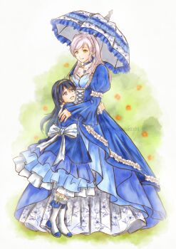 2girls age_difference aged_down alternate_costume blue_dress blue_eyes blue_hair boots breasts dress eyelashes female_robin_(fire_emblem) field fire_emblem fire_emblem_awakening flower flower_field formal_clothes frilled_dress frilled_socks frills full_body happy height_difference highres hug intelligent_systems jewelry knee_boots long_hair long_sleeves looking_at_another lucina_(fire_emblem) matching_hair/eyes medium_breasts mother_and_daughter moverabbit0305 multiple_girls open_mouth outdoors parasol ring sidelocks socks standing swept_bangs tiara tiptoes twintails umbrella wedding_ring white_hair yellow_eyes