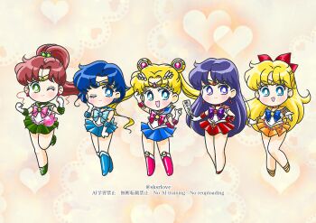 5girls absurdres aino_minako bishoujo_senshi_sailor_moon blonde_hair blue_boots blue_bow blue_bowtie blue_choker blue_eyes blue_gemstone blue_hair blue_sailor_collar blue_skirt boots bow bowtie brown_hair choker circlet crescent crescent_earrings double_bun earrings elbow_gloves flower_earrings gem gloves green_boots green_choker green_eyes green_gemstone green_sailor_collar green_skirt hair_bobbles hair_bow hair_bun hair_ornament highres hino_rei jewelry kino_makoto long_hair mizuno_ami multiple_girls one_eye_closed orange_choker orange_sailor_collar orange_skirt pink_bow pink_bowtie pointing ponytail purple_bow purple_bowtie purple_eyes purple_hair red_boots red_bow red_bowtie red_choker red_gemstone red_sailor_collar red_skirt sailor_collar sailor_jupiter sailor_mars sailor_mercury sailor_moon sailor_venus short_hair skirt sksrlove smile star_(symbol) star_earrings stud_earrings tsukino_usagi twintails yellow_gemstone