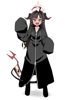 1girl absurdres alternate_costume black_boots black_coat black_hair blue_archive boots coat commentary_request commission demon_girl demon_horns demon_tail full_body gehenna_academy_logo halo highres hood hooded_coat horns kasumi_(blue_archive) kingdom_hearts kingdom_hearts:_chain_of_memories long_coat long_hair long_sleeves looking_at_viewer organization_xiii parted_bangs pixiv_commission red_halo sidelocks simple_background sleeves_past_fingers sleeves_past_wrists solo standing tail washin white_background wide_sleeves yellow_eyes zipper zipper_pull_tab