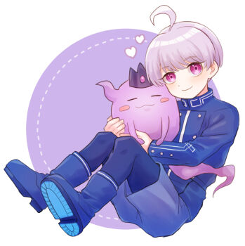 1boy ahoge belt blue_belt blue_footwear blue_jacket blue_pantyhose blue_shorts blush boots closed_mouth commentary_request crown full_body ghost heart highres horns hug jacket knees_up long_sleeves looking_at_viewer male_focus master_detective_archives:_rain_code momo_(momo_2muco) pantyhose pink_eyes purple_hair shinigami_(ghost)_(rain_code) shinigami_(rain_code) short_hair shorts sitting smile symbol_in_eye yuma_kokohead