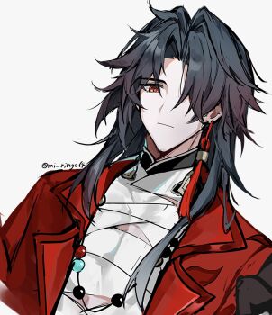 1boy bandages beads blade_(elation)_(honkai:_star_rail) blade_(honkai:_star_rail) blue_hair collar earrings hair_over_one_eye highres honkai:_star_rail honkai_(series) jacket jewelry long_hair mi_ringo64 necklace open_clothes open_jacket red_eyes single_earring white_background