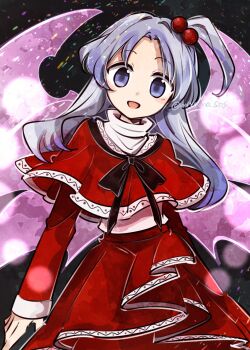 1girl capelet commentary cowboy_shot grey_hair hair_bobbles hair_ornament highres long_hair long_sleeves looking_at_viewer multiple_wings one_side_up open_mouth pink_wings purple_eyes red_capelet red_skirt shinki_(touhou) shirt skirt smile solo tama_(hiroshige_36) touhou touhou_(pc-98) twitter_username white_shirt wings