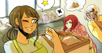 Rule 34 | 3girls, alternate costume, alternate hair length, alternate hairstyle, alternate universe, annoyed, apron, arms up, black hair, blanket, blue eyes, blue shirt, blunt bangs, blunt ends, bob cut, brown eyes, brown shorts, casual, chabashira tenko, clenched hand, clenched teeth, coat, commentary, counter, cowboy shot, danganronpa (series), danganronpa v3: killing harmony, dark-skinned female, dark skin, dirty dishes, drawing (object), english commentary, eyelashes, flower, food, furrowed brow, green apron, green eyes, grin, hair flower, hair ornament, hairclip, hand on own cheek, hand on own face, happy, indoors, kitchen, leaning forward, long hair, long sleeves, looking at another, medium hair, ministarfruit, mole, mole under mouth, motion lines, multiple girls, nervous sweating, nostrils, one eye closed, open mouth, paintbrush, pancake, pancake stack, parallel hairclips, pen, pentagram, pink flower, plate, pointy nose, red hair, shirt, short hair, short sleeves, shorts, sidelocks, sink, smile, speech bubble, spoken food, spoken star, spoken x, standing, star (symbol), star in eye, sweat, symbol in eye, t-shirt, tan, teeth, under covers, upper body, whipped cream, white hair, wide sleeves, yellow coat, yonaga angie, yumeno himiko