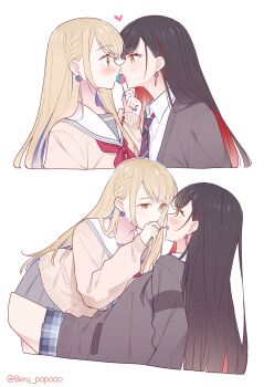 2girls animal_ears azusawa_kohane beru_popooo black_hair blonde_hair blue_hair blue_nails blue_necktie blush braid brown_cardigan cardigan colored_inner_hair commentary diagonal-striped_clothes diagonal-striped_necktie eye_contact feeding grey_cardigan heart highres kamiyama_high_school_uniform_(project_sekai) long_hair looking_at_another miyamasuzaka_girls&#039;_academy_school_uniform multicolored_hair multiple_girls necktie official_alternate_hair_length official_alternate_hairstyle orange_eyes project_sekai red_hair red_nails sailor_collar school_uniform serafuku shiraishi_an simple_background striped_clothes symbol-only_commentary white_background white_sailor_collar yuri