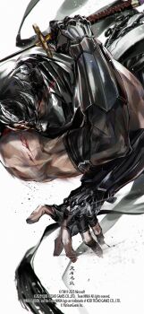 1boy absurdres arm_guards armor bare_shoulders black_gloves black_scarf bleeding blood blood_on_face bloody_tears cuts dragon_sword dynamic_pose fingerless_gloves gloves green_eyes highres holding holding_sword holding_weapon incoming_attack injury jumping katana kunai male_focus mask mouth_mask muscular muscular_male ninja ninja_gaiden ninja_gaiden_4 ninja_mask nishii_tomoko ryu_hayabusa scarf serious solo sword weapon white_background