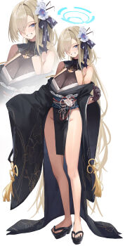 1girl absurdres alternate_costume asuna_(blue_archive) bare_shoulders black_gloves black_kimono blue_archive blue_eyes blue_halo breasts cleavage full_body gloves hair_ornament hair_over_one_eye halo highres hikimori_1 japanese_clothes kimono large_breasts long_hair long_legs pelvic_curtain platform_sandals sandals smile solo very_long_hair white_background wide_sleeves zoom_layer