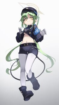 2ho absurdres black_tail blue_archive blue_boots blue_shirt blue_shorts boots demon_tail fang gloves green_hair green_halo halo hat highres long_hair looking_at_viewer nozomi_(blue_archive) pantyhose peaked_cap piercing pointy_ears shirt shorts simple_background smile tail twintails white_background white_gloves white_pantyhose yellow_eyes