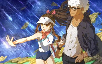 1boy 1girl abs archer_(casual_wear)_(fate) archer_(fate) brown_eyes brown_hair casual covered_abs dark-skinned_male dark_skin fate/extra fate/grand_order fate_(series) glasses grey_eyes highres kishinami_hakuno_(female) long_hair messy_hair multicolored_swimsuit open_clothes open_shirt orange_trim round_eyewear rowayu shirt swimsuit tall_male toned toned_male white_hair