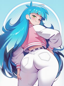 1girl aqua_hair artist_name ass blunt_bangs closed_mouth commentary cowboy_shot fliphrrr freckles green_eyes hand_on_own_hip highres jacket letterman_jacket long_hair looking_at_viewer looking_back midriff original pants smile solo standing very_long_hair white_pants white_sleeves wide_hips