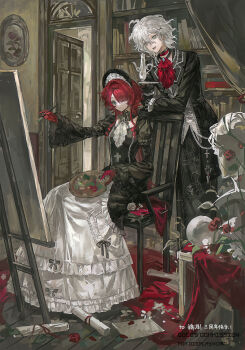 Rule 34 | 1boy, 1girl, :d, absurdres, ascot, black choker, black gloves, black hairband, black jacket, black shirt, blue eyes, bookshelf, canvas (object), chair, choker, closed mouth, commission, door, double-parted bangs, frilled shirt, frilled skirt, frilled sleeves, frills, full body, gloves, grey hair, hair between eyes, hair over one eye, hairband, highres, holding, holding paint palette, holding paintbrush, holding plate, huang du du, indoors, jacket, long hair, long skirt, long sleeves, open mouth, original, paint palette, paintbrush, plate, red ascot, red gloves, red hair, shirt, short hair, sitting, skirt, smile, standing, teapot, white ascot, white skirt, wide sleeves