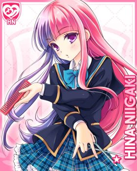Rule 34 | 1girl, blue bow, blue bowtie, blue skirt, blunt bangs, bow, bowtie, card (medium), character name, comb, crossed arms, girlfriend (kari), jacket, long hair, looking at viewer, miniskirt, multicolored hair, niigaki hina, official art, pink background, pink hair, plaid clothes, plaid skirt, pleated skirt, purple eyes, purple hair, qp:flapper, school uniform, scissors, shirt, skirt, solo, white shirt