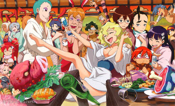 00s 6+boys 6+girls attenborough_cortitch ayanami_rei blush breasts cleavage closed_eyes darry_adai eating food gimmy_adai kamina_(ttgl) katsuragi_misato kinon_bachika kiyal_bachika kiyoh_bachika lal&#039;c_mellk_mal large_breasts leeron_littner long_legs multiple_boys multiple_girls neon_genesis_evangelion official_art rossiu_adai scan shinagawa_hiroki simon_(ttgl) souryuu_asuka_langley tengen_toppa_gurren_lagann top_wo_nerae!_(series) top_wo_nerae_2! watermark yoko_littner zoushi_kanai