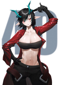 1girl absurdres alternate_breast_size_(larger) alternate_costume alternate_hair_length_(shorter) arknights bandeau black_bandeau black_gloves black_hair black_pants breasts cleavage coat collarbone commentary contrapposto cowboy_shot dragon_girl dragon_horns dusk_(arknights) english_commentary finger_gun finger_gun_to_head ghosty_(xiaobai) gloves hair_between_eyes hand_on_own_hip highres horns large_breasts looking_at_viewer midriff multicolored_hair navel open_clothes open_coat pants pointy_ears red_coat red_eyes short_hair solo standing strapless streaked_hair white_background